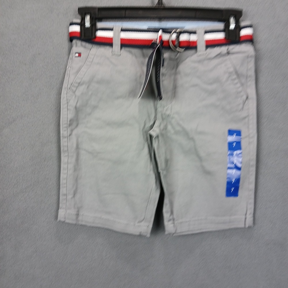 Tommy Hilfiger Chino Shorts Boys 7 Gray Belted Stretch Adjustable Waist Tennis
